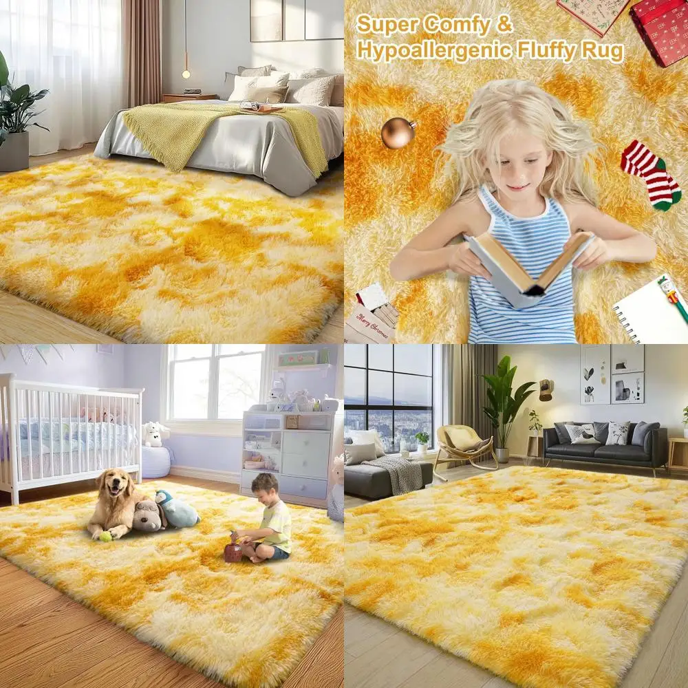 

8x10 Living Room Rugs, Tie-Dye Yellow Shag, Non-Slip Fluffy Carpets for Kids Rooms, Modern Plush Rugs for Home Decor