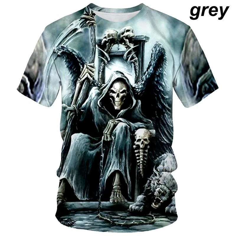 Men's Fashion Skull 3D Printed Short Sleeve T-Shirt Round Neck Fun Gothic Grim Reaper Tees Men Women Oversized Short Sleeve Tops