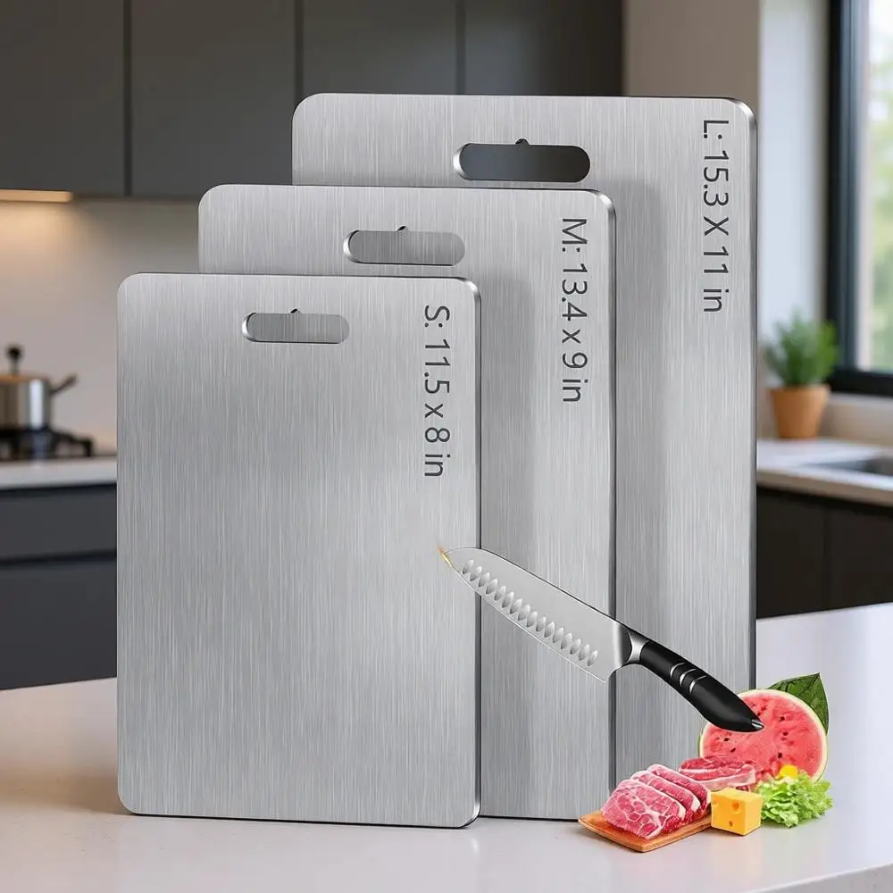 

Набор из 3 двусторонних титановых разделочных досок для кухни - легко моются, можно мыть в посудомоечной машине, идеально подходят для приготовления пищи и кемпинга