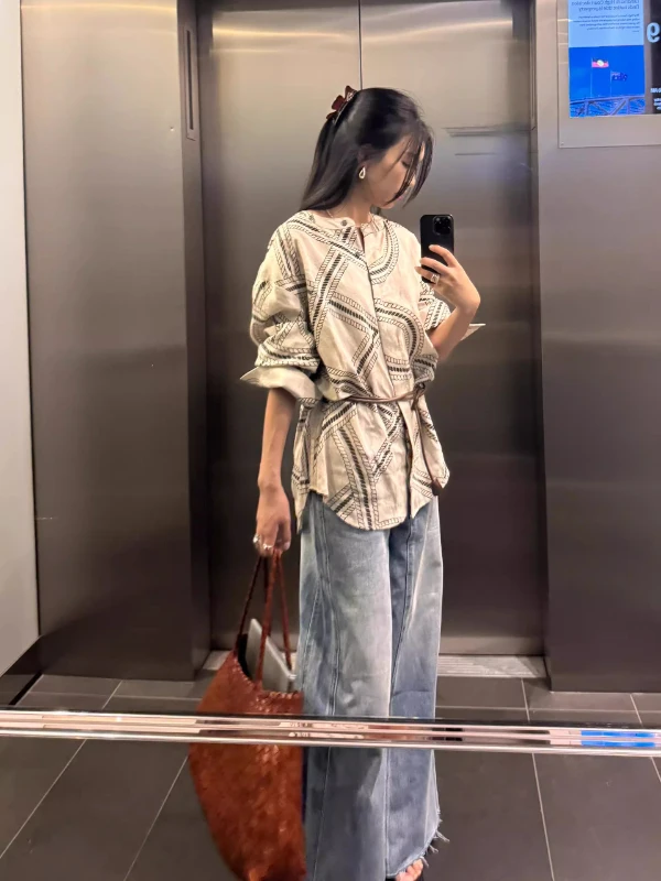 القطن الكتان طويل Sve irt المرأة ربيع الخريف فضفاضة عادية الطوطم طباعة irt خمر Sle مريحة للتنفس #2