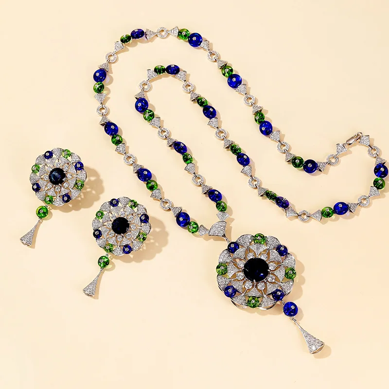 Fashion High-end Jewellery Women Lady Inlay Cubic Zircon Fanned Pendant Plated Gold Color Blue GreenBeads Long Necklace Earrings