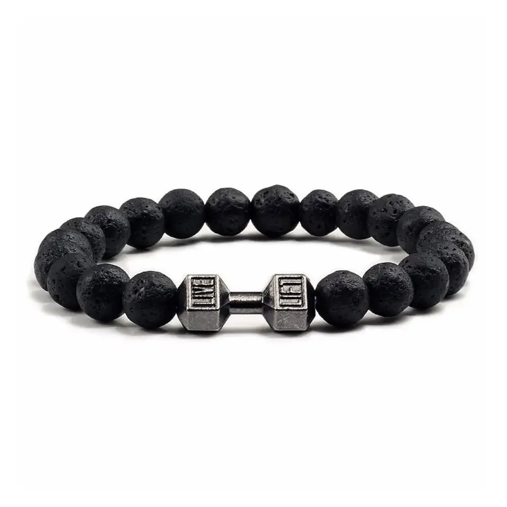 New Natural Black Volcanic Lava Stone Dumbbell Bracelet Black Matte Beads Bracelets Fitness Barbell Jewelry Pulseras for Women