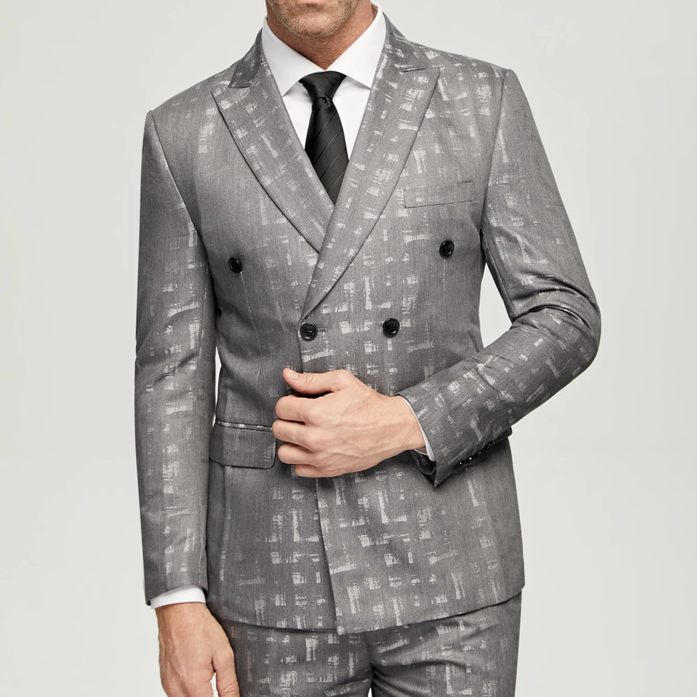 Men\'s  Grey Jacquard Suits 2023 Casual Double Breasted 6 Buttons Wedding Grooms Wear (Jacket+Pants) Formal Prom Dinner Suits