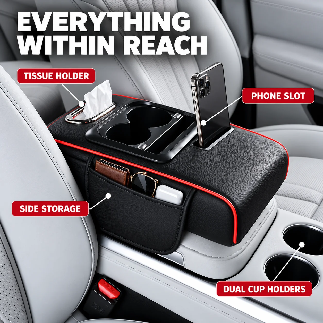Multi-Function Car Armrest Box with USB Port, Center Console Storage Booster Pad with Tissue Box and Water Cup Holder Interior