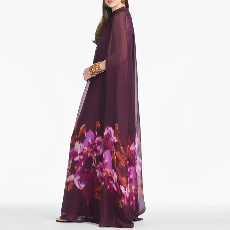 Sheer Chiffon Shawl Collar Maxi Dress Floral Print Loose Fit Flowy Silhouette Elegant Evening Party Wear Trendy