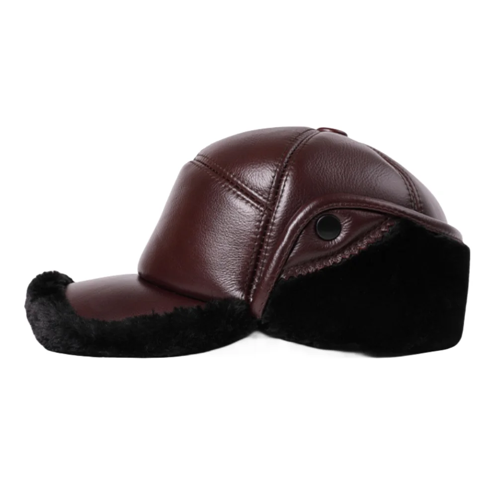LA SPEZIA Brand New Design Winter Cap Man Earflap Bomber Hat Men Real Leather Warm Cowskin Russian Hat with Fur Black Brown