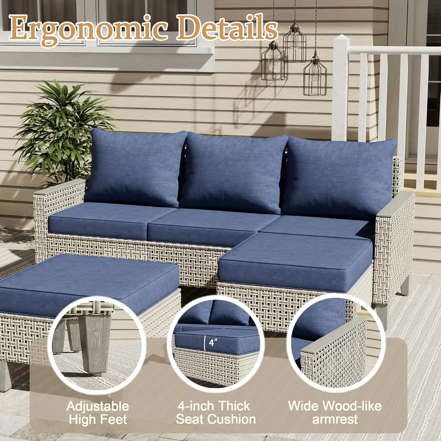 8 Pieces Patio Furniture Set Fire Pit & Ottomans Outdoor Sectional Sofa Cushions Modular Wicker Rattan Conversation , Customized