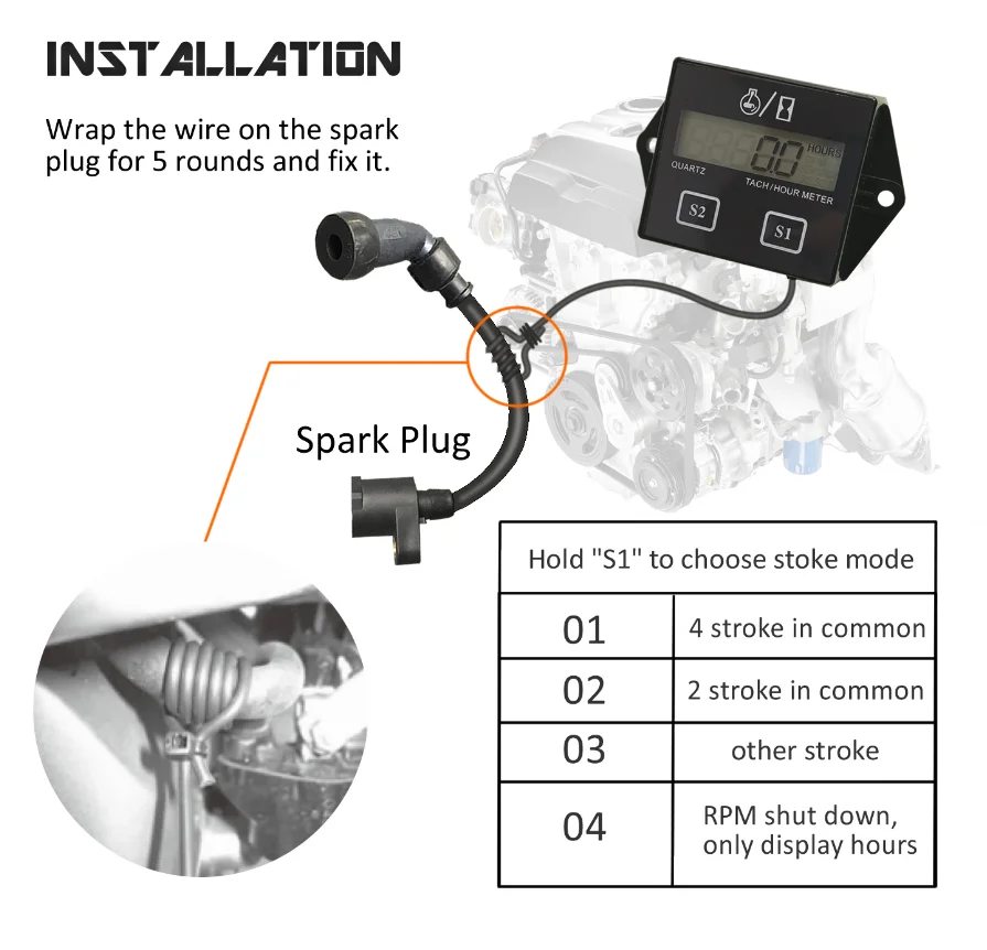 Waterproof Digital Engine Tachometer Hour Meter Tach Gauge Inductive RPM For 2 4 Stroke Gasoline Motorcycle Snowmobile Boats