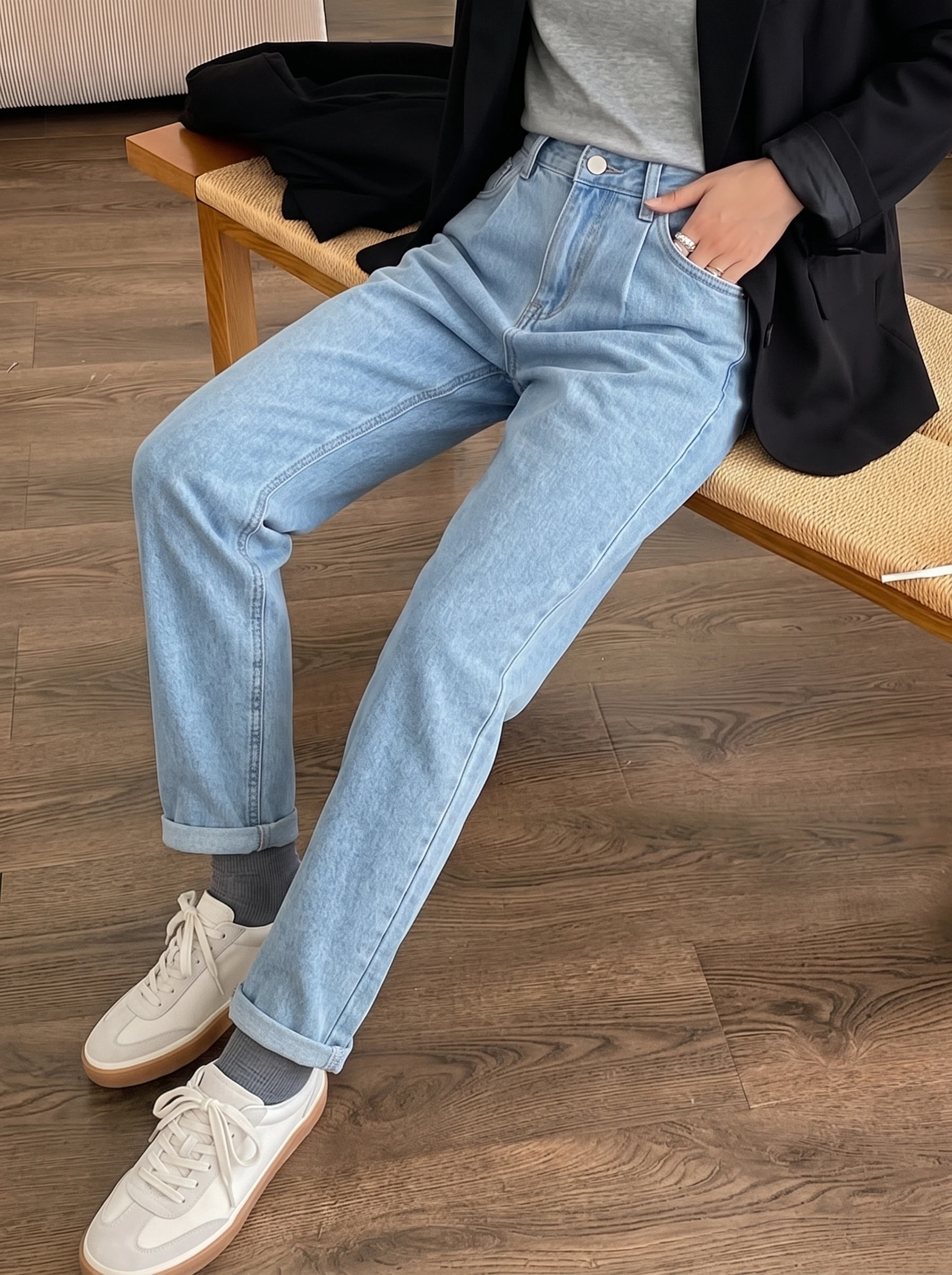Women Mid Waist Straight Jeans Non Stretch Light Stone Wash Pale Blue Denim Pants Roll Up Hem Casual Trousers