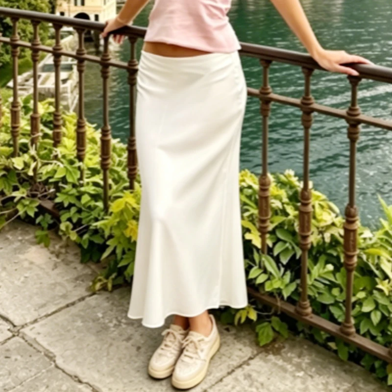 HXAO 2026 Women's Midi Satin Skirts Summer Polka Dot A -Line Smooth High Waist Skirt Black White Green Khaki Skirts Party Skirt