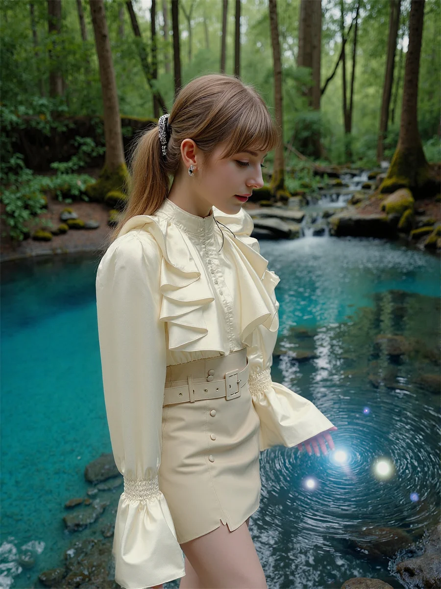 Koszule z rozszerzanymi rękawami w stylu vintage, długie bluzki damskie Y2K, tuniki damskie, letni uniform, ozdobne koraliki, dopasowany krój, beżowy, casual