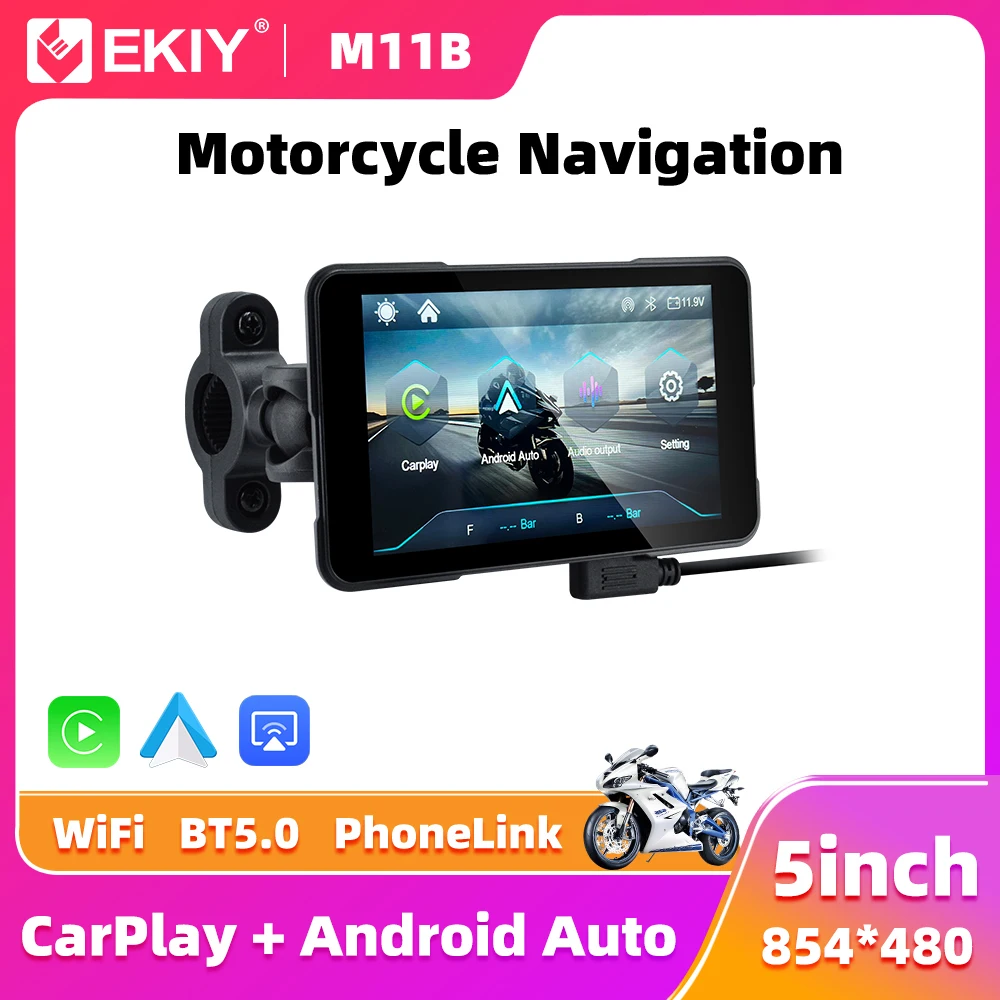 EKIY Wireless CarPlay Moto Android Auto 5.0 inch Portable Digital Dashboard Motorcycle Navigation GPS Removable Display Screen