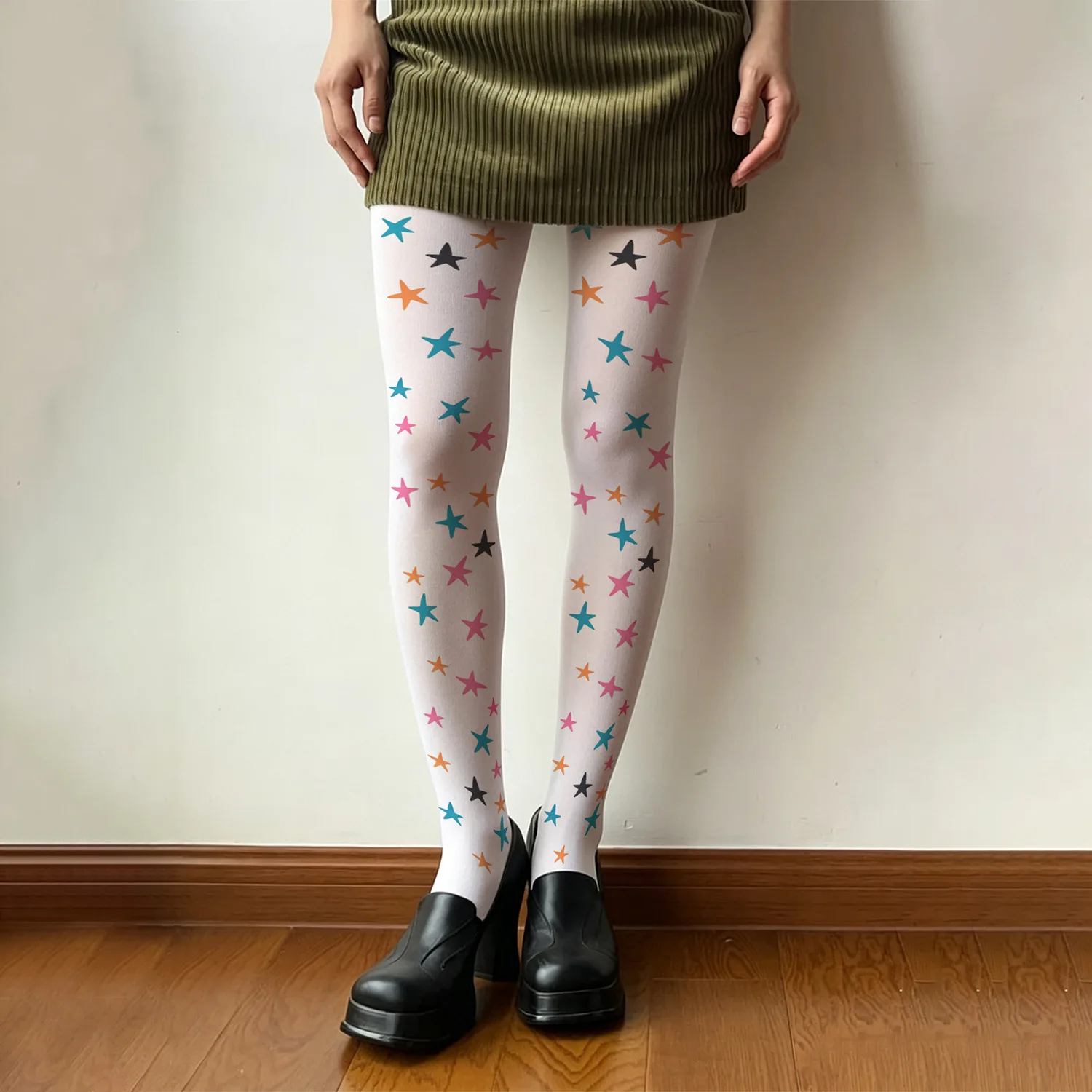 Cross-border Plus-size Personalized Colorful Star-printed Women's Pantyhose White Fashionable Versatile High Elasticity Tights