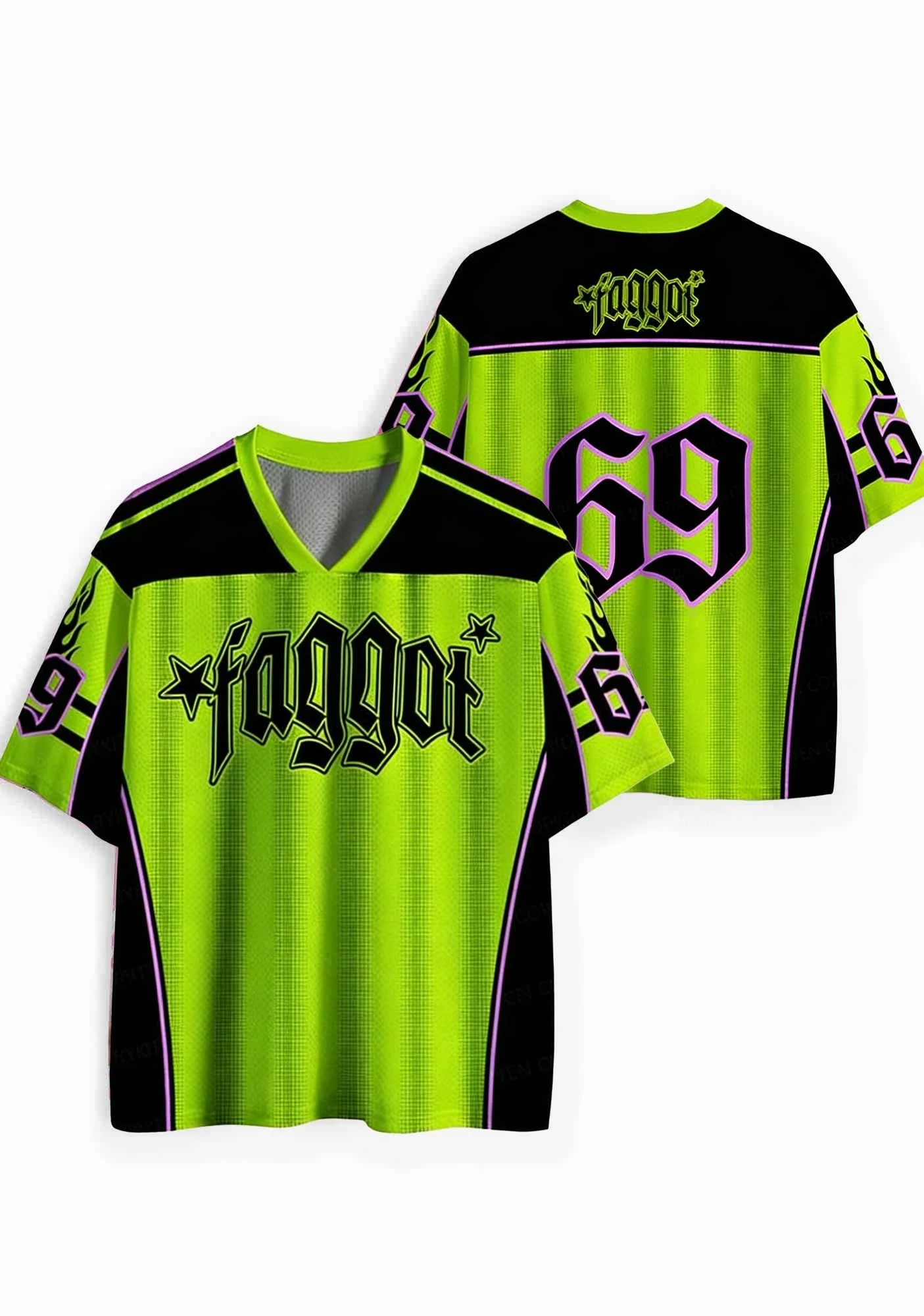 Y2K Millennium Wind GOD's FAVORITE FAG Letter Printed Mesh T-shirt Lightning Star Loose V-neck Jersey