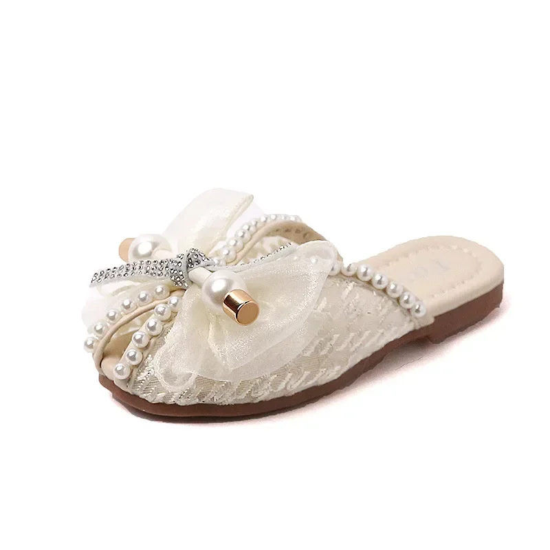 Pink Mesh Bow Pearl Open Toe All-match Slippers for Skirt 2022 Children\'s Fashion Sweet Princess Flat Casual Sandals for Girls