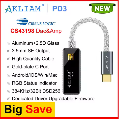 AkLIAM PD3 CS43198 Decodificatore audio HiFi portatile USB DAC Amplificatore per cuffie PCM384KHz DSD256 Jack da 3,5 per Android iOS Mac Win10