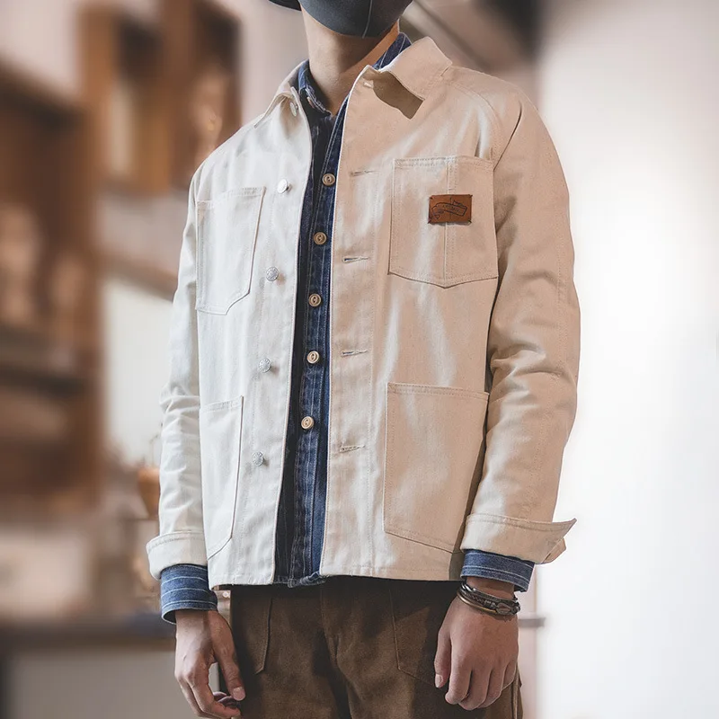 

Vintage Lapels White Denim Jacket Big Pockets Designs Men Coat Youth Solid Color Single Breasted Autumn Fashion Men's Clothing