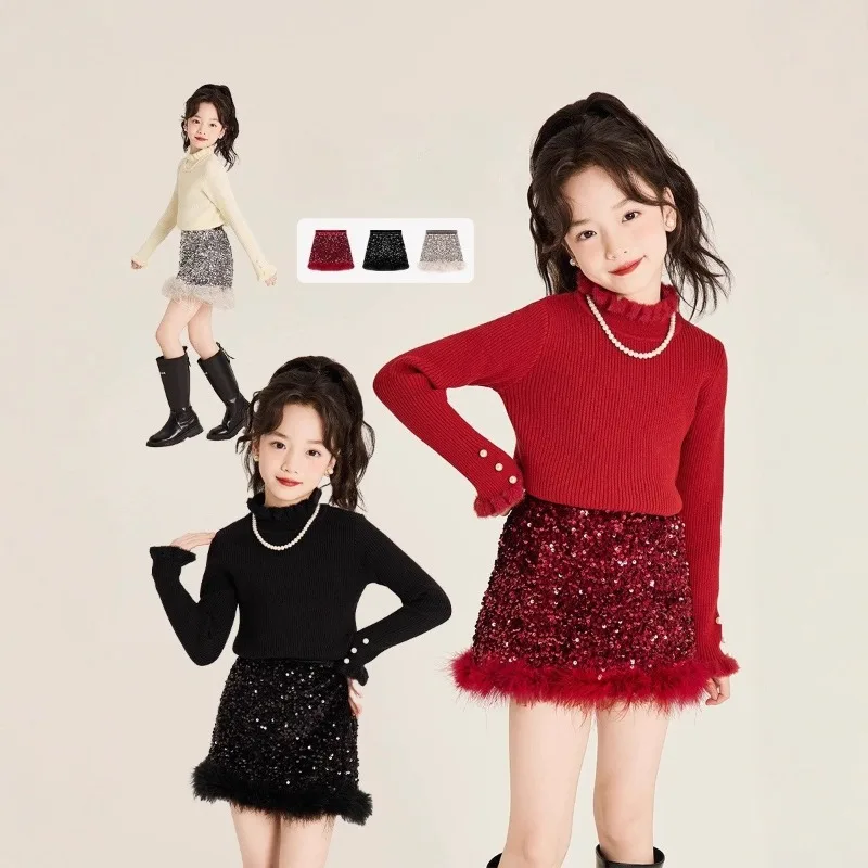 Girls' Winter New A-line Skirt - Versatile Solid Velvet Embroidered Sequin Patchwork Furry Trim Princess Skirt for Birthday