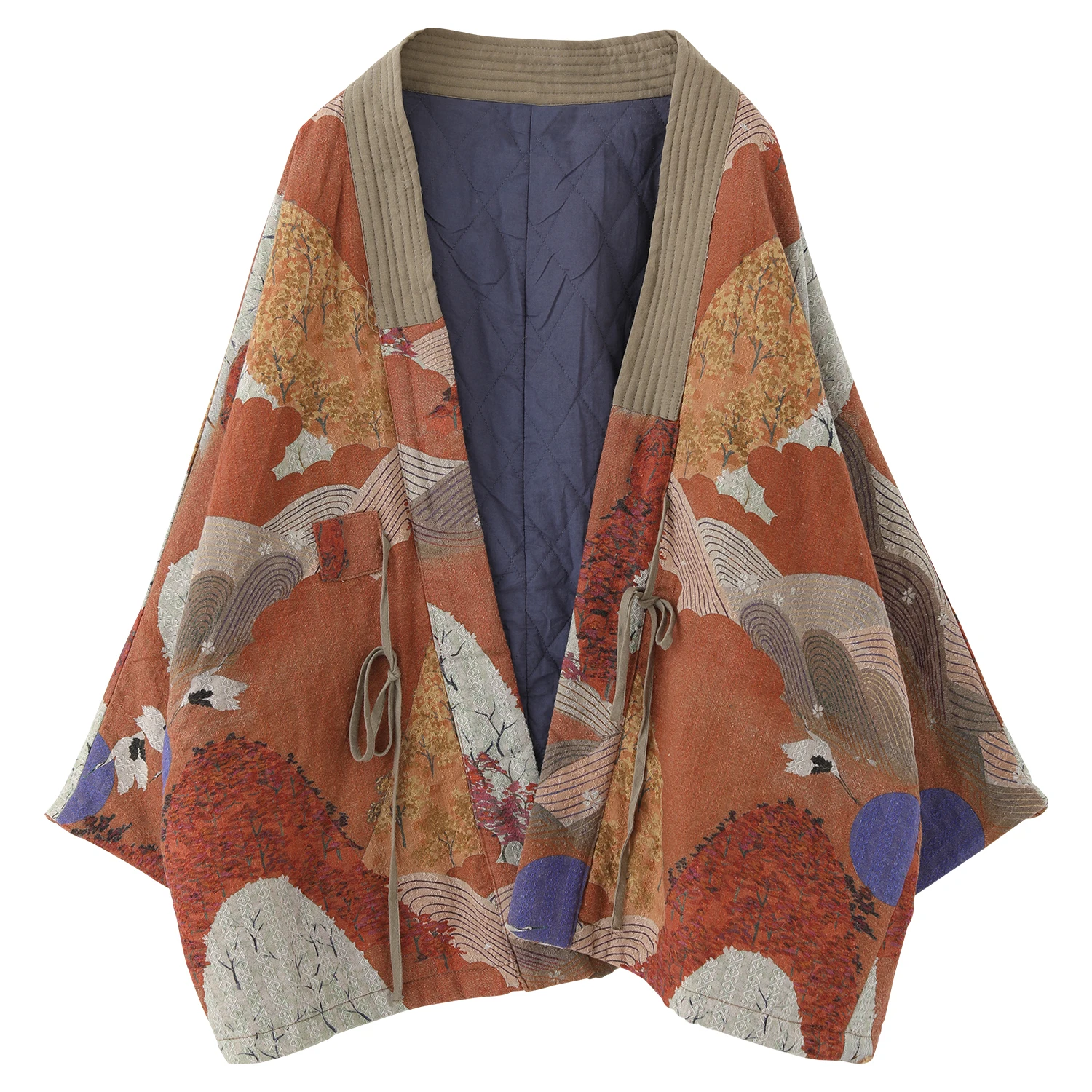 LZJN Women's Autumn/Winter Vintage Literary Print Padded Cotton Coat. Loose-Fit Belted Design with Elegant Tea-Inspired Style