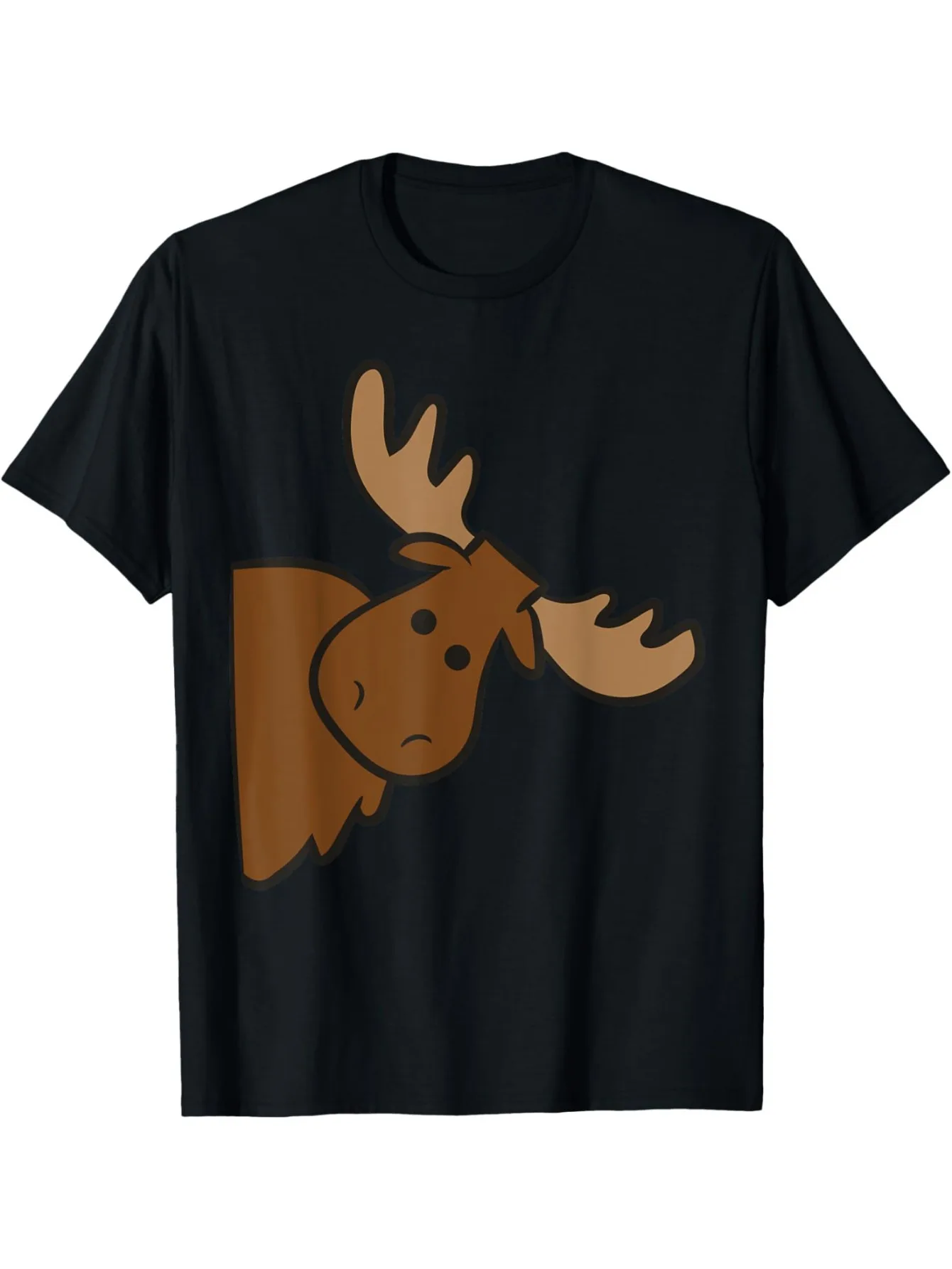 Funny Men's Black Graphic T-Shirt Moose Head Antlers Side Peek Cartoon Animal Forest Wildlife Illustration Bold Print 100% Cotton Heavyweight Short Sleeve Casual Streetwear Tee
