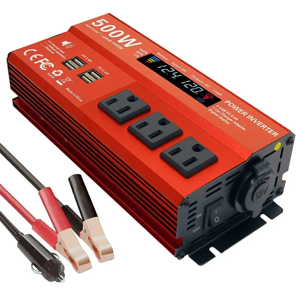 

500W Peak 1000W Power Inverter, DC 12V to 110V AC, 4 x 2.4A USB Ports, Car Plug In Adapter Outlet, 1 Cigarette Lighter Port