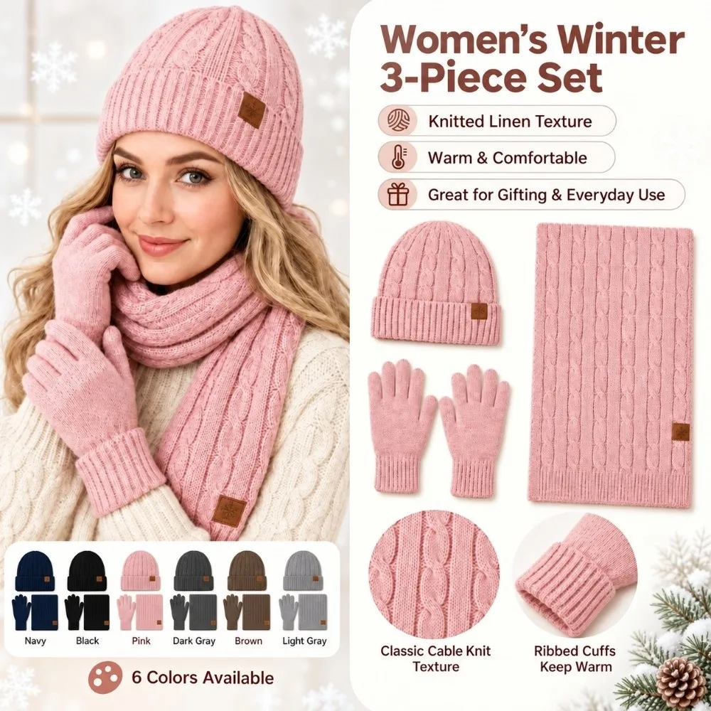 3Pcs/Set Warm Winter Hat Scarf Gloves Set Lining Thicken Scarf Neck Warmer Suit Elastic Non Slip Knit Beanie Snood Set for Men