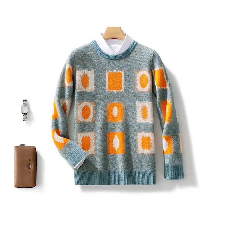 

Autumn Winter 100% Merino Wool Color-Blocked Plaid Design O-Neck Sweater Pullover Cashmere Long Sleeves Fashion Clothing Top