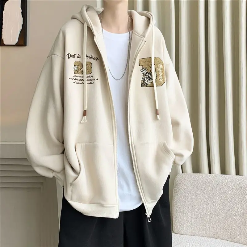Men's Hooded Zip-Up Sweatshirt Fall/Winter New Ins HK Style Trendy Sports Fleece Thickened Cool Casual Jacket
