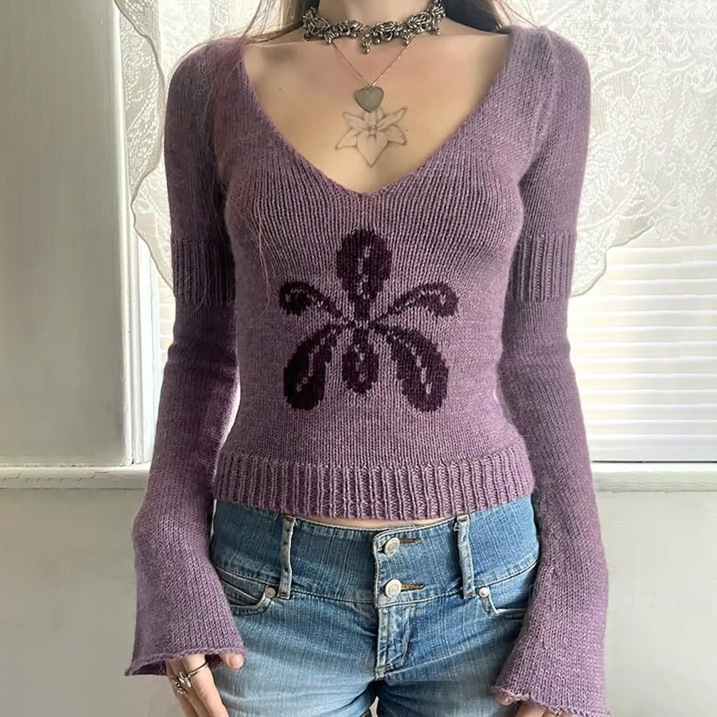 

Purple V-neck Slim Versatile Knitwear Long Sleeve Basic Knitted Sweater 2025 Autumn New Female Daily Out Fashion Pullovers