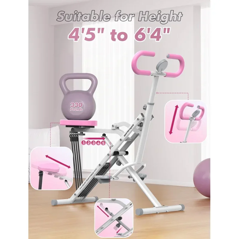 Roze squatmachine voor thuis, Rodeo Core-oefeningsmachine, 330 lbs opvouwbaar, verstelbare 4 weerstandsbanden, rit- en roeimachine