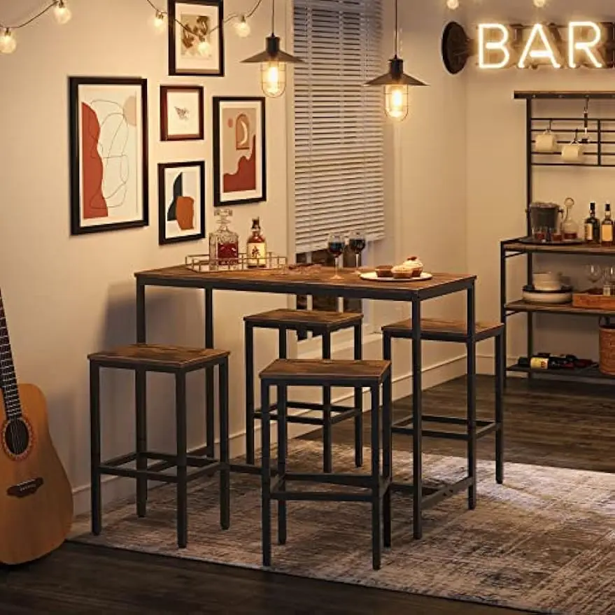 Bancos de bar com apoio para os pés com moldura de aço preta, pés ajustáveis, sala de jantar, design industrial, conjunto de 2