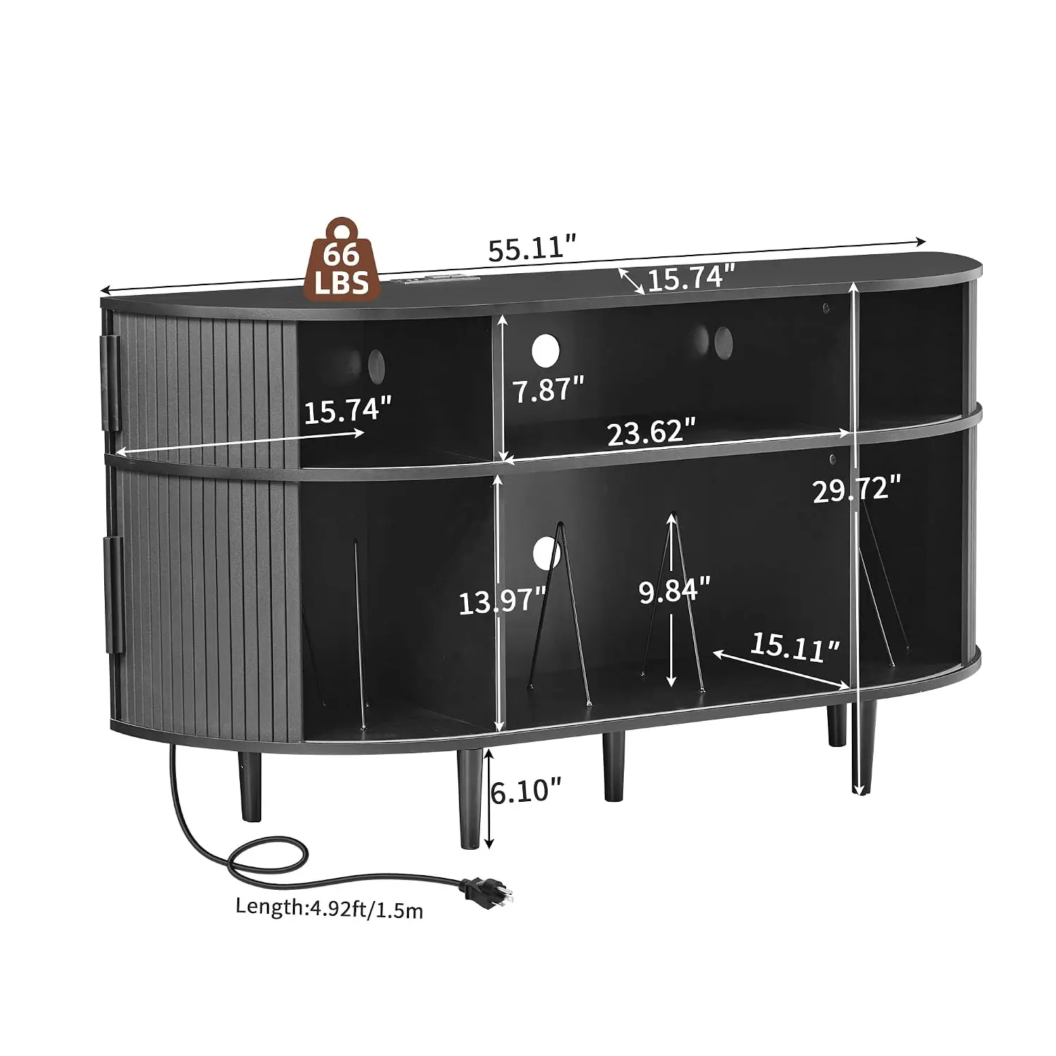 55'' Vinyl Storage Cabinet, Record Player Stand with Charging Station & USB Ports, Turntable Shelf 300 Albums Room, Customized