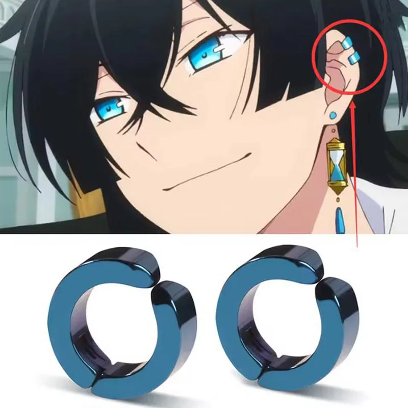 Conjunto de Clipe de Orelha Azul Punk para Homens, 1 Par, Brincos de Aço Inoxidável com Tema de Anime, Sem Furo, para Acessórios de Fantasia Cosplay