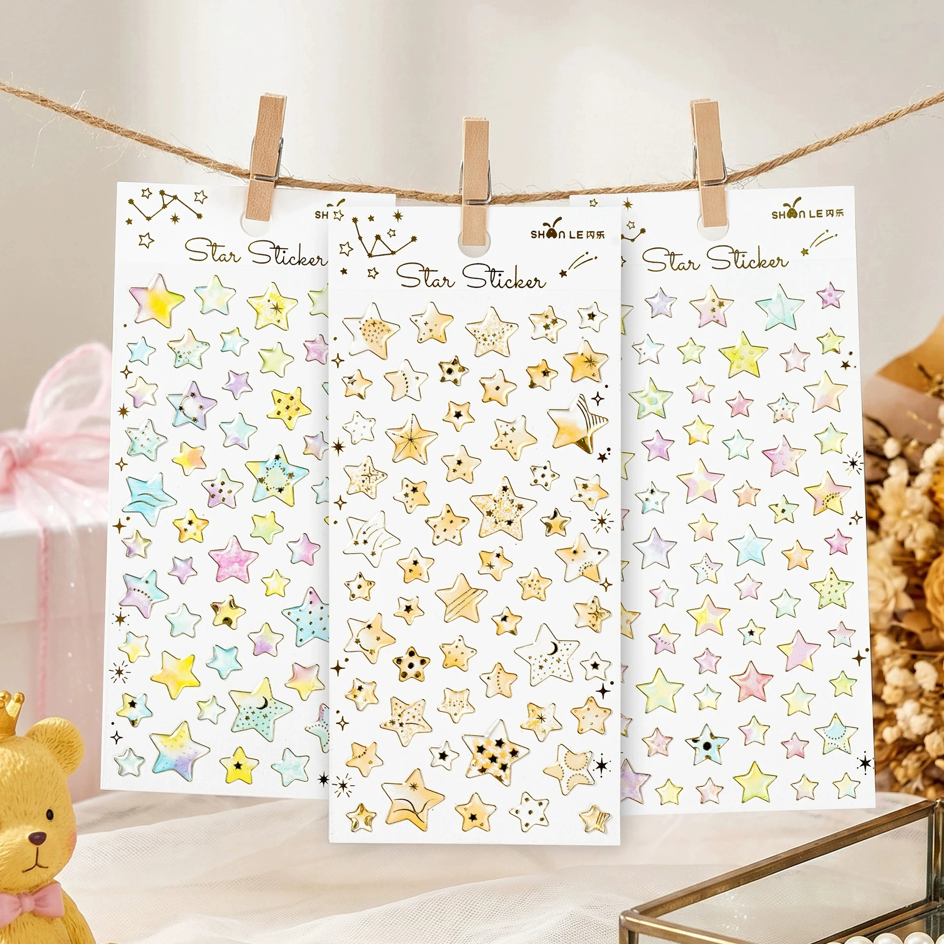 4pcs Crystal Epoxy Star Gold Foil Stickers DIY Decorative Sticker for Journal Scrapbook Diary Mobile Album Collage Craft Gifts