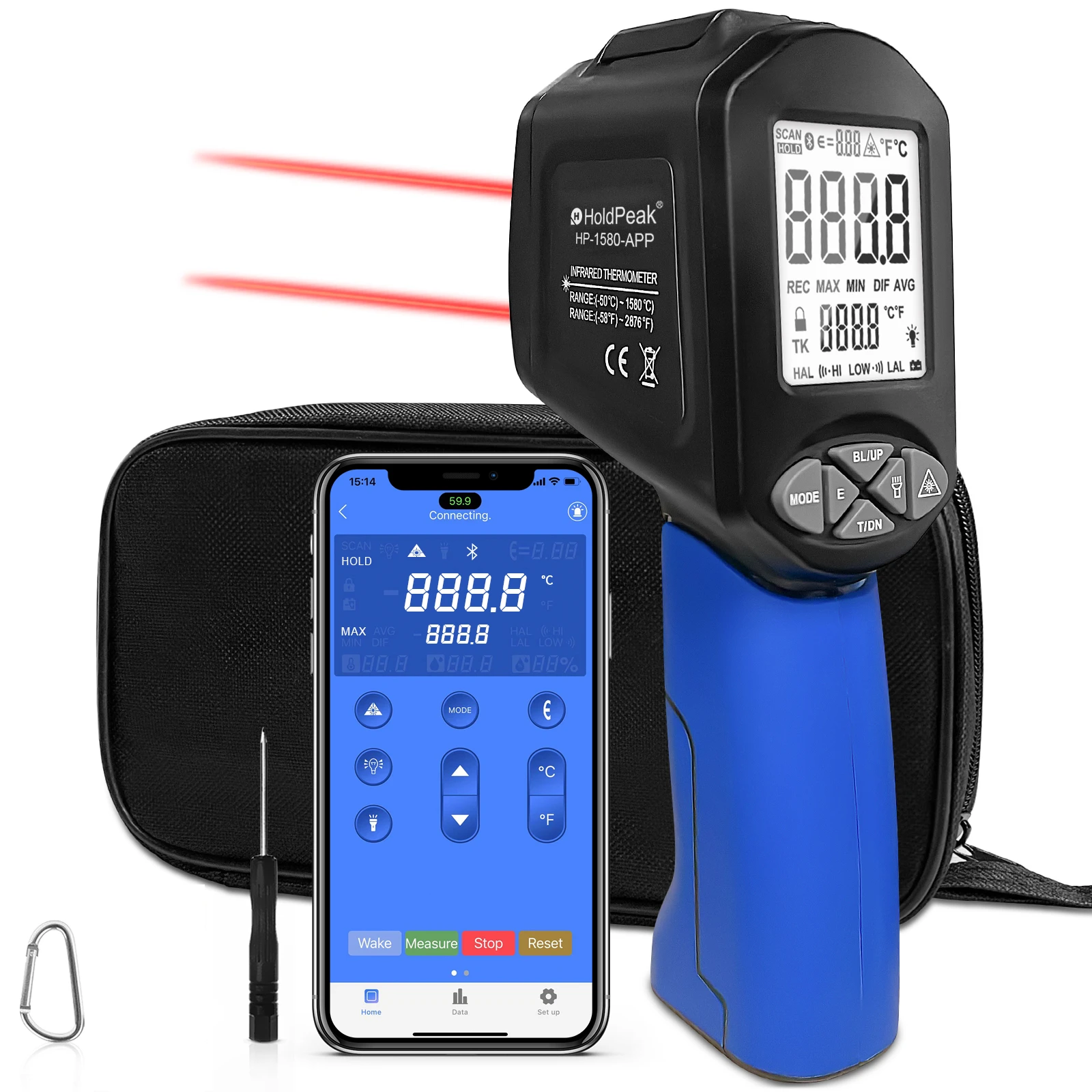 HOLDPEAK Laser Infrared Thermometer-Adjustable Emissivity with Phone APP Function -50~1580℃ Non-Contact Digital HP-1580-APP