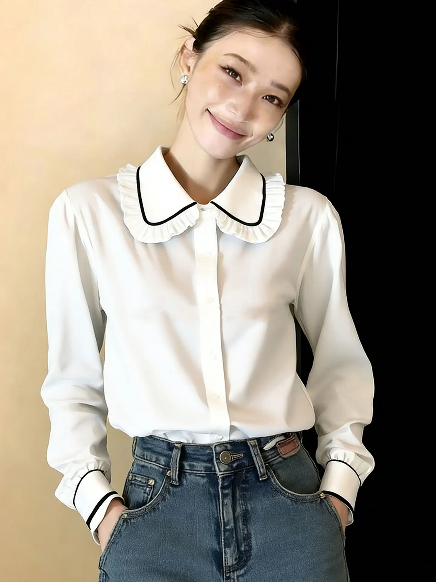 

Женская шелковая блузка Ele Long Sve с цветочным декором и пуговицами, прямого кроя, готовая к выходу на работу, из весенней коллекции