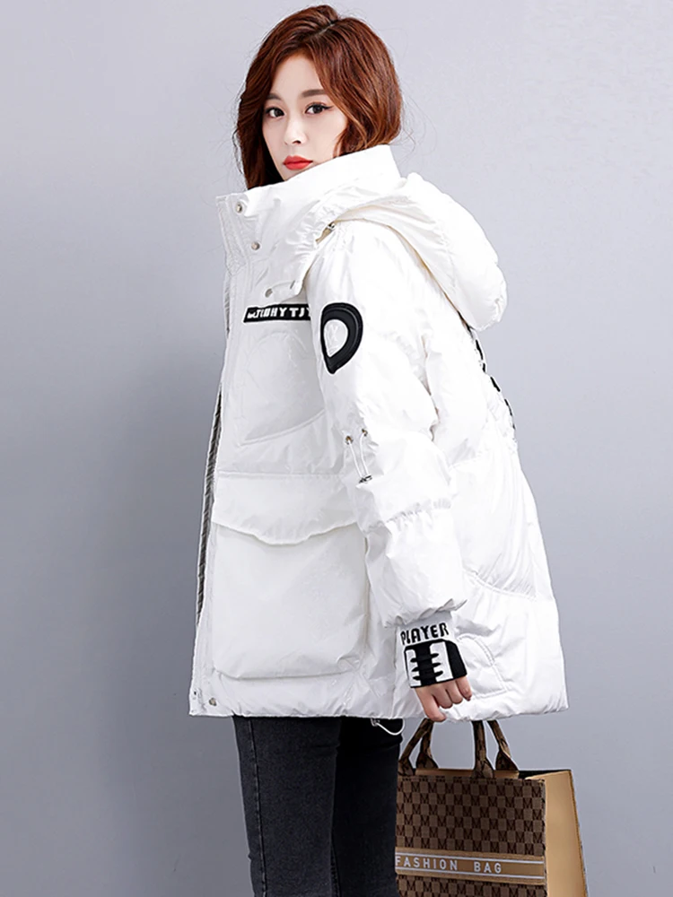 KBAT Winter Big Pocket Glossy Parka Women Hooded Sonw Coat Fashion Thicken Loose Jacket Female Windproof Rainproof Warm Outwear