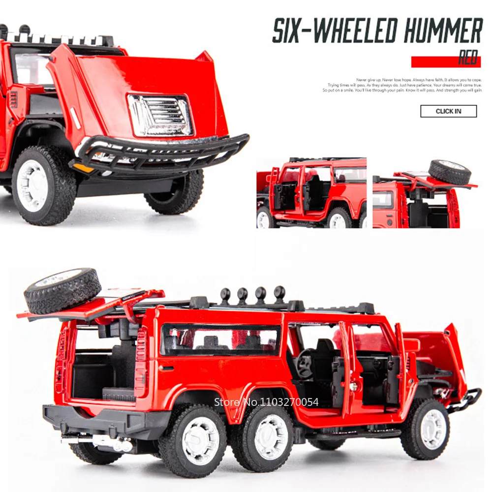 HUMMER-Modèle réduit de voiture SUV à 7 portes ouvertes pour enfant, véhicule en alliage moulé sous pression, avec son et lumière, nervure arrière en caoutchouc, idée cadeau, 1/32