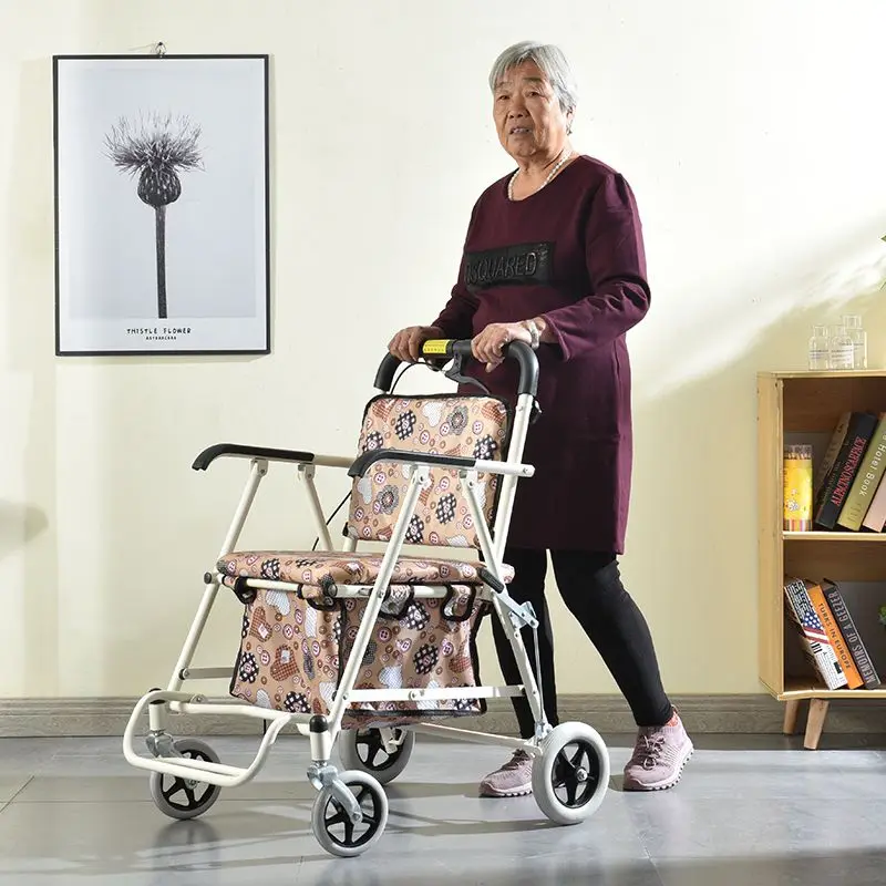 Older shopping cart  push four-wheeled walkers, which are light and with brakes. Older people can fold the framed