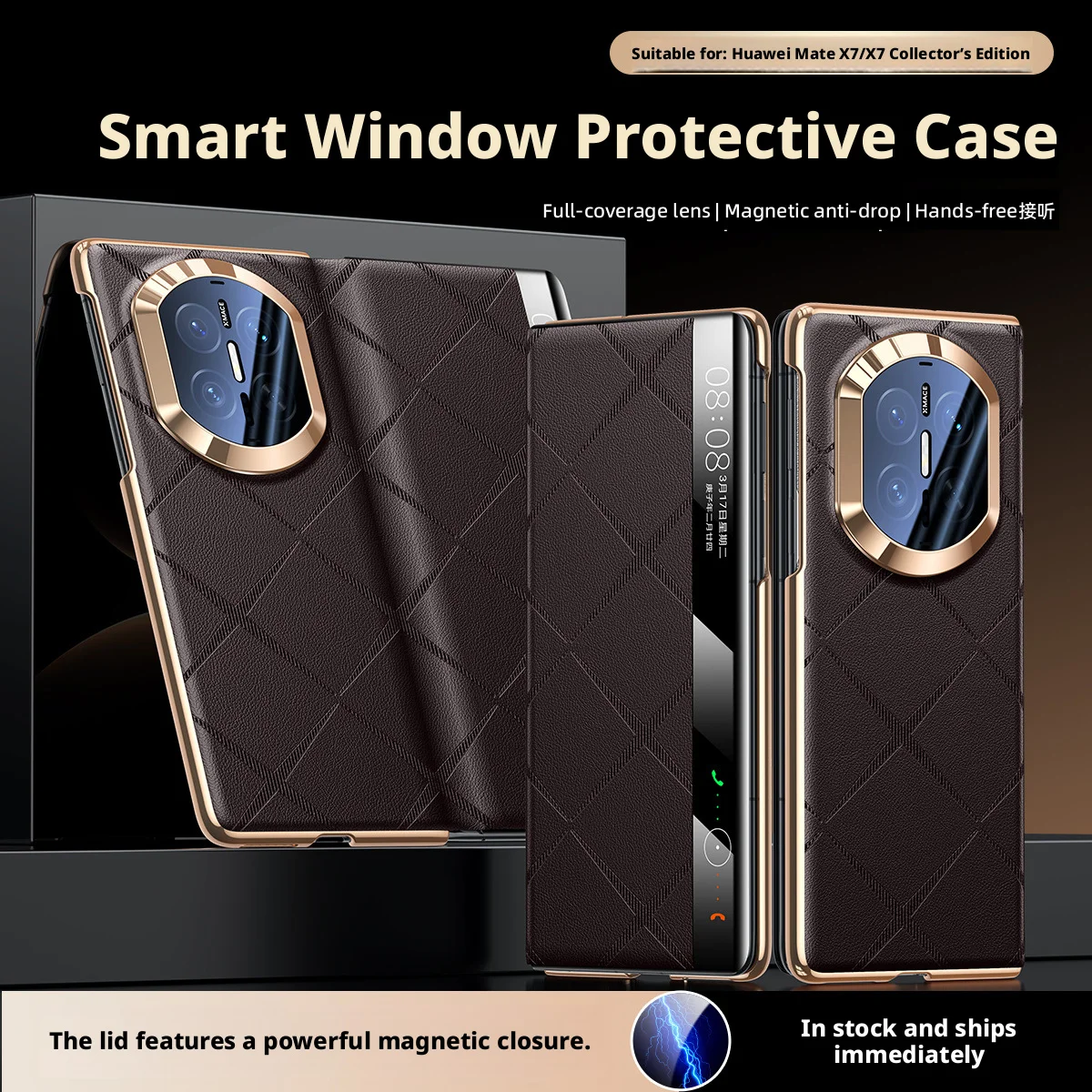 Luxury Genuine Leather Starry Pattern Design Case For Huawei Mate X7 Magnetic Anti-drop Smart Window Lens Protective Cover