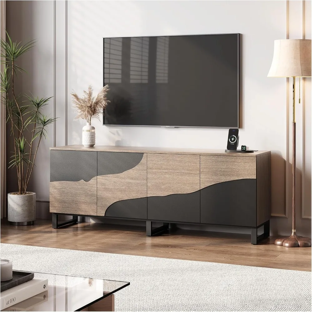 

70" TV Stand with Power Outlet, Black Large TV Stands for 75 Inch TV, Entertainment Center TV Cabinet with Storage and Adjustabl
