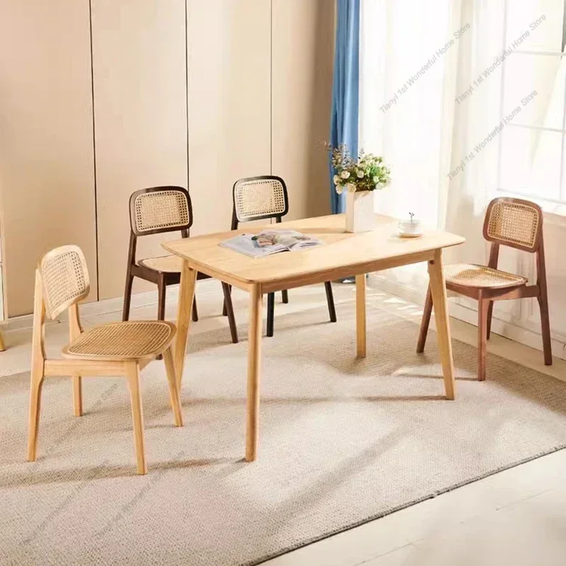 Nordic Simple Japanese Style Dining Chair Solid Wood Rattan Home Casual Rattan Chair Cafe Homestayback Sillas Furniture