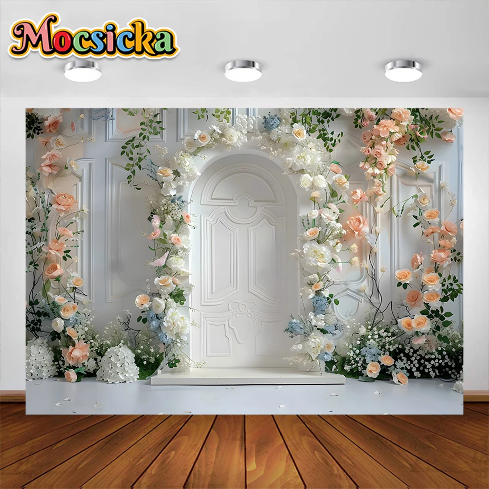 Boho Photography Background White Palace Vintage Door Wall Colorful Flowers Baby Kids Photo Backdrop Studio Photoshoot Props