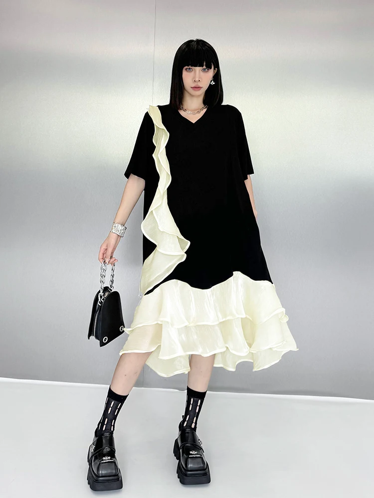 SuperAen สไตล์เกาหลี Niche Design เชื้อราขอบชุดผู้หญิง 2025 ใหม่แฟชั่น Elegant Splicing แขนเสื้อยืดชุด