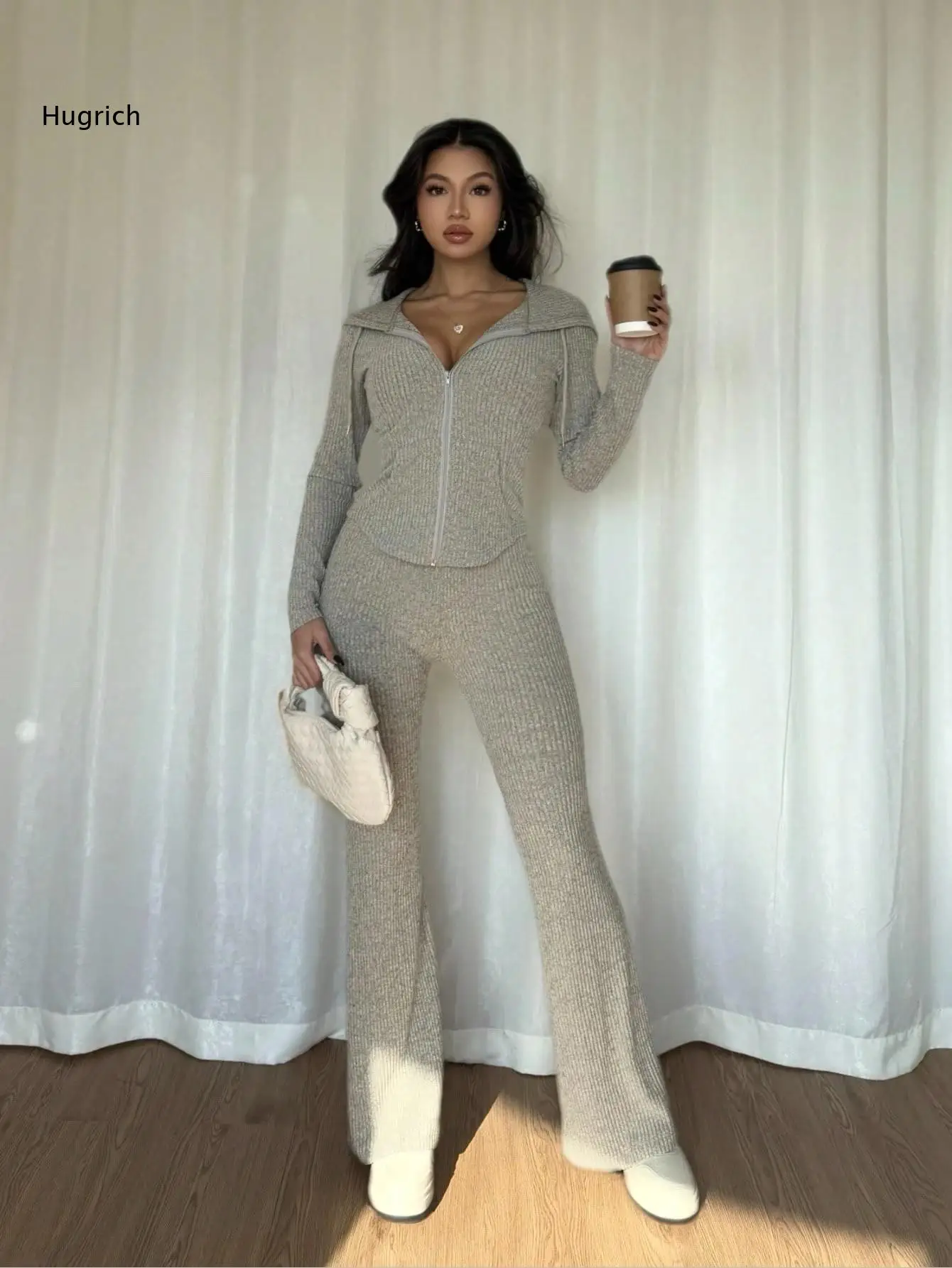 Women Casual Two Piece Knit Set Hooded Zip Up Long Sleeve Top Matched With High Waist Flare Pants Ribbed Texture Daily Outfit