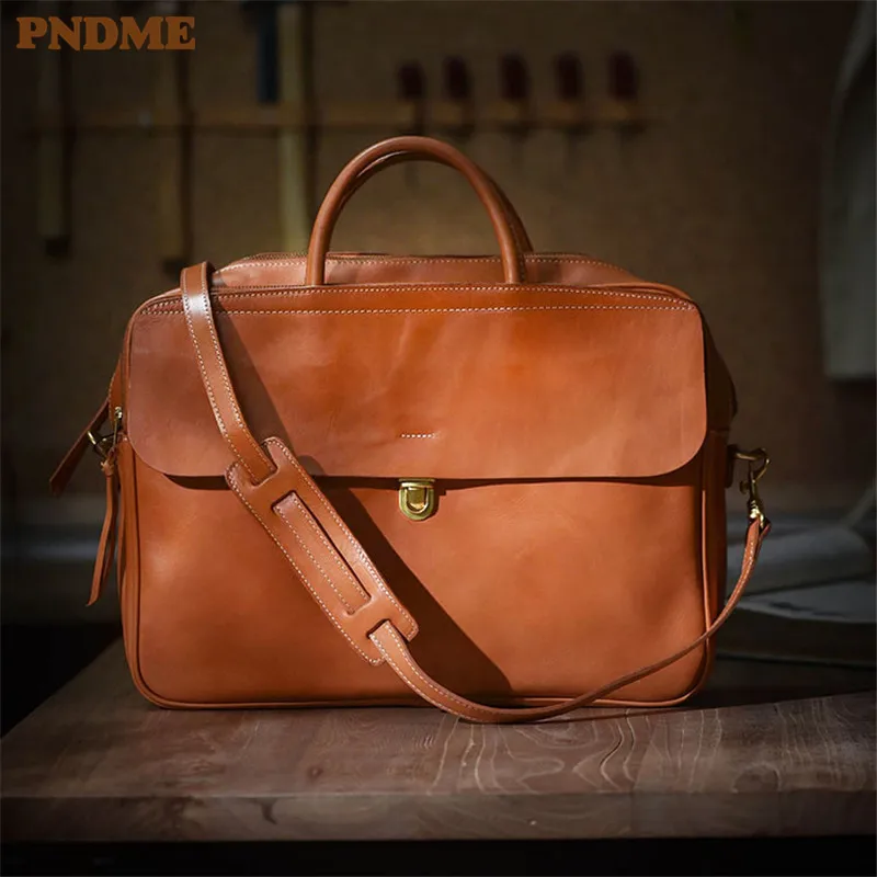 Pndme Mode Vintage Echt leder Herren Damen Aktentasche Business Casual Luxus echte Rindsleder Laptop Handtasche Umhängetasche