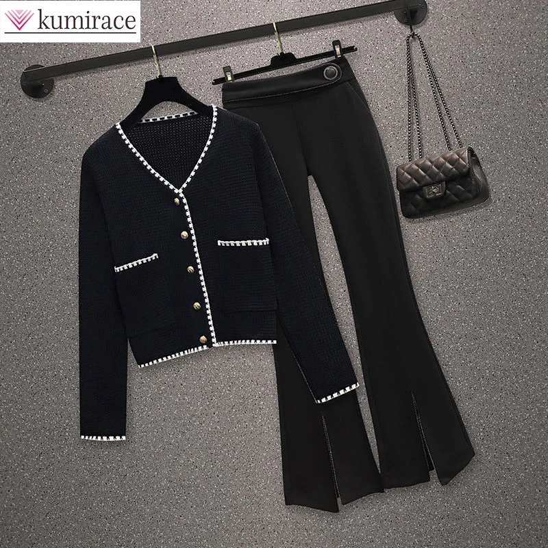 New 2022 Spring Elegant Women's Pants Set Knitted Hollow Out Long Sleeve T-shirt Wide Leg Trousers Two-piece Commuter Set