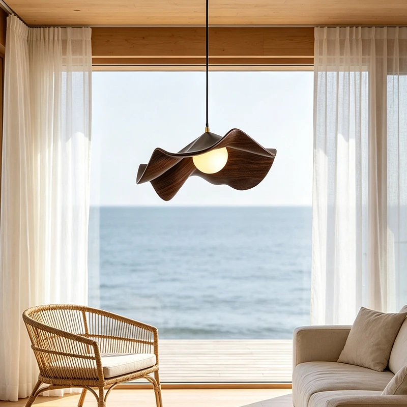 LED Wood Grain Lotus Leaf Pendant Light G9 Warm Light Chandelier Resin Flower Pendant Lamp Restaurant Bar Bedroom Home Decor
