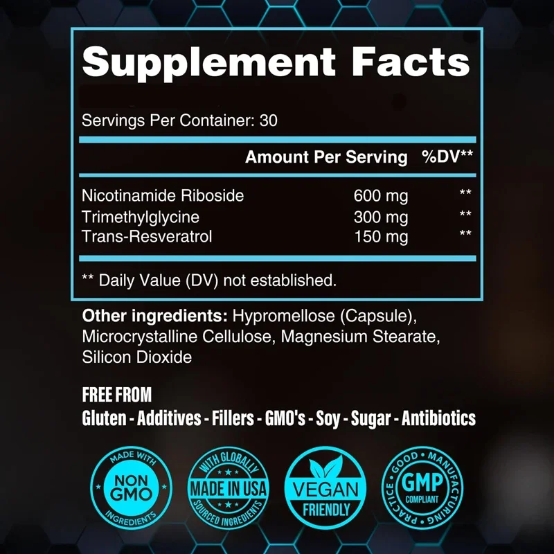 NAD Supplement Nicotinamide Nucleoside Containing Trans Resveratrol and TMG, Supports Cellular Health,energy, and Healthy Aging