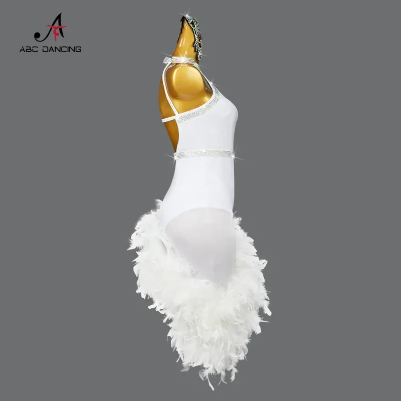 Latin Dance Competition Costume Performance Dress High-end Professional White Feather Cha Cha Chinese Dress 4-piece Set